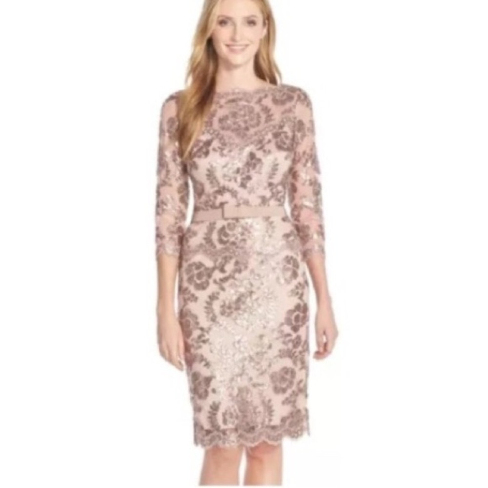 Tadashi Shoji Embroidered Dusty Rose Sequin Tulle 3/4 Sleeve Dress 2 Party Event